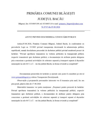 ANUNȚ PRIVIND DESCHIDEREA CONSULTĂRII PUBLICE a documentației de atribuire pentru delegarea prin concesiune a gestiunii activităților de colectare separată și transport separat al deșeurilor municipale în cele 66 U.A.T. –uri din județul Bacău, revizuita26